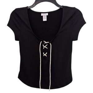 Rue21 Black Rhinestone Tie Front Short Sleeve Top Size Medium